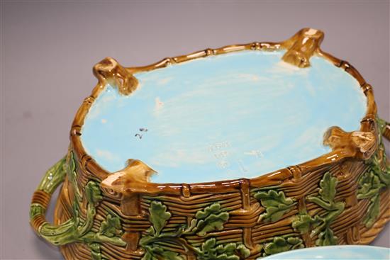 A Mintons majolica game tureen, with hare and poultry lid and oak leaf base, impressed marks, 36cm